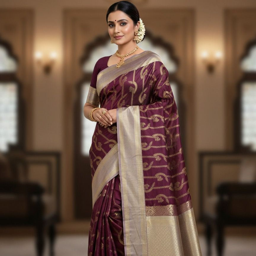 Maroon Banarasi Semi Kathan Silk Saree Alna Apparels