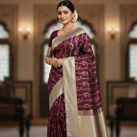 Maroon Banarasi Semi Kathan Silk Saree Alna Apparels
