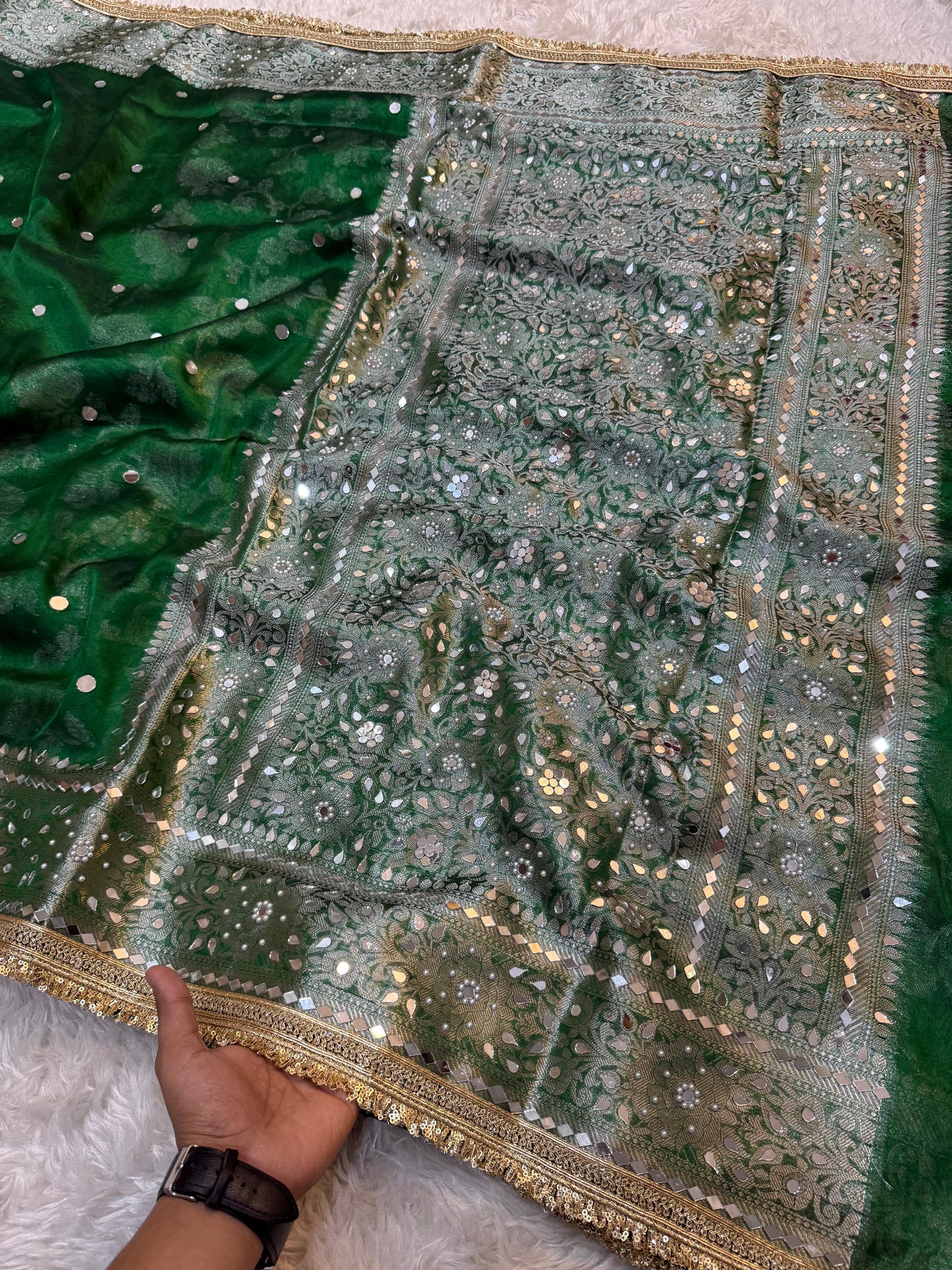 Green Banarasi Tissue Silk Saree Lace Work With Fancy Mirror Work Alna Apparels