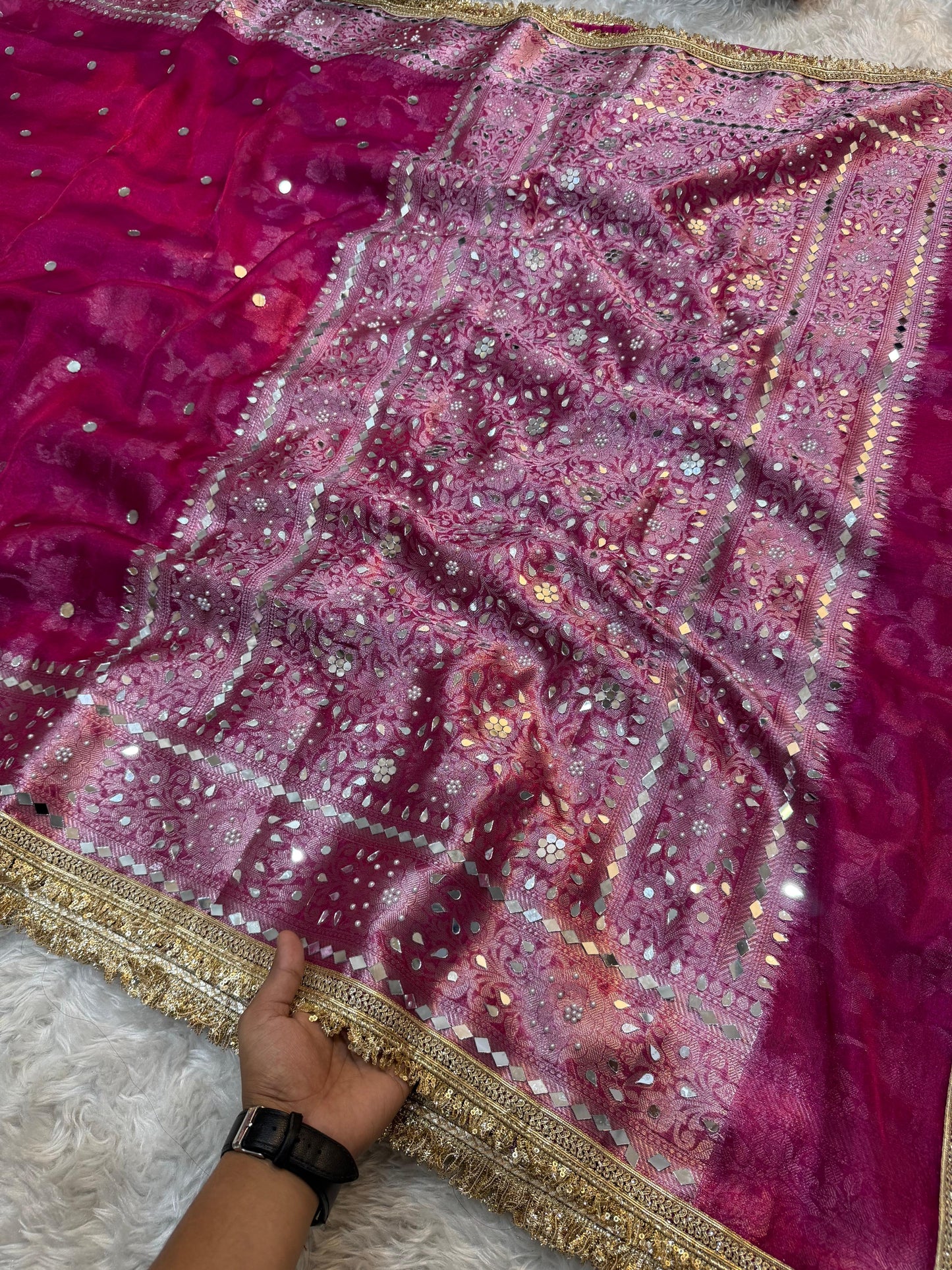 Pink Banarasi Tissue Silk Saree Lace Work With Fancy Mirror Work Alna Apparels