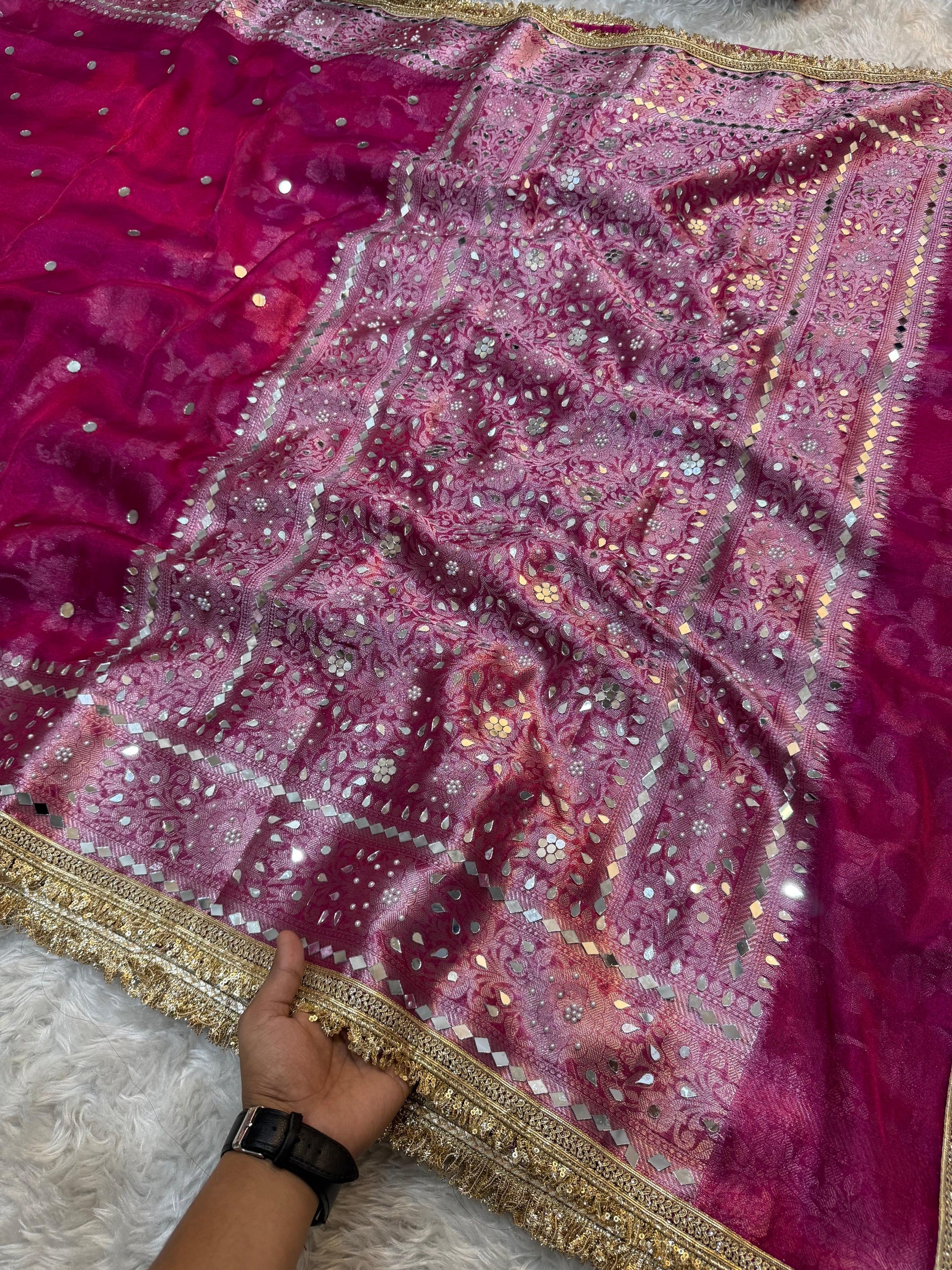 Pink Banarasi Tissue Silk Saree Lace Work With Fancy Mirror Work Alna Apparels
