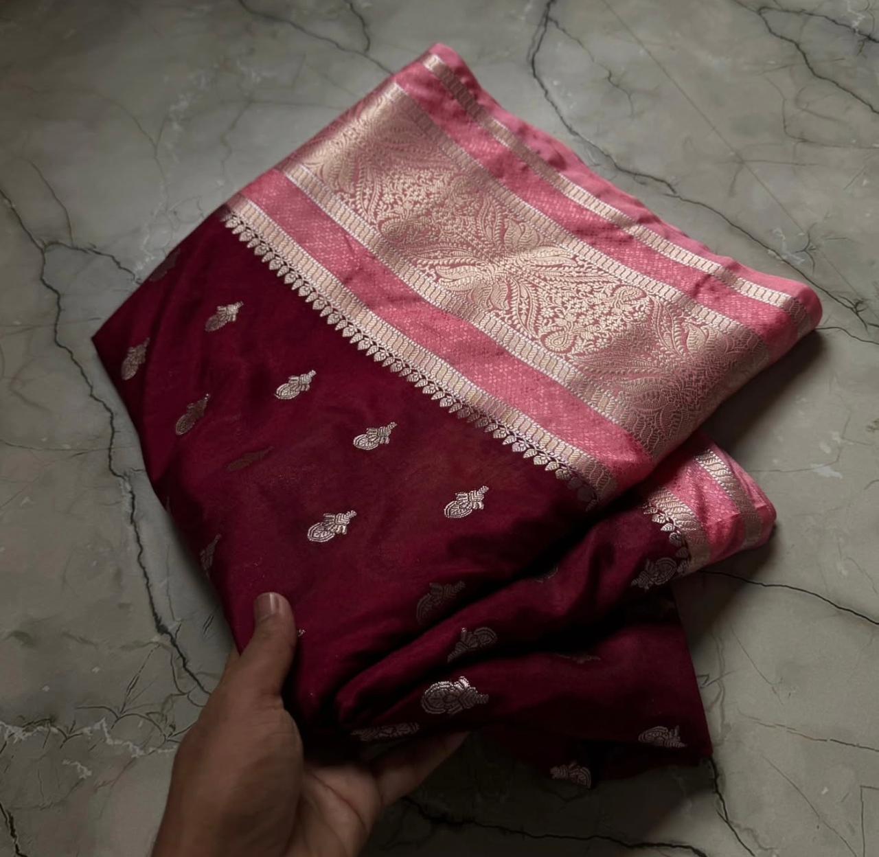 Wine Banarasi Kathan Dupion Silk Saree Alna Apparels