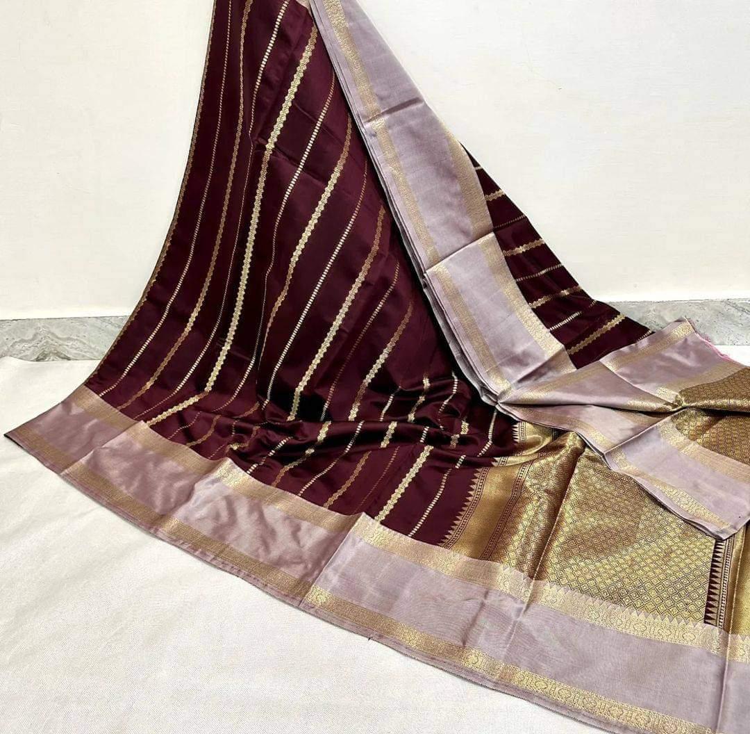 Wine Banarasi Kathan Soft Silk Saree - Alna Apparels