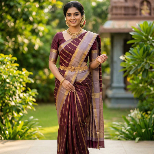 Wine Banarasi Kathan Soft Silk Saree Alna Apparels