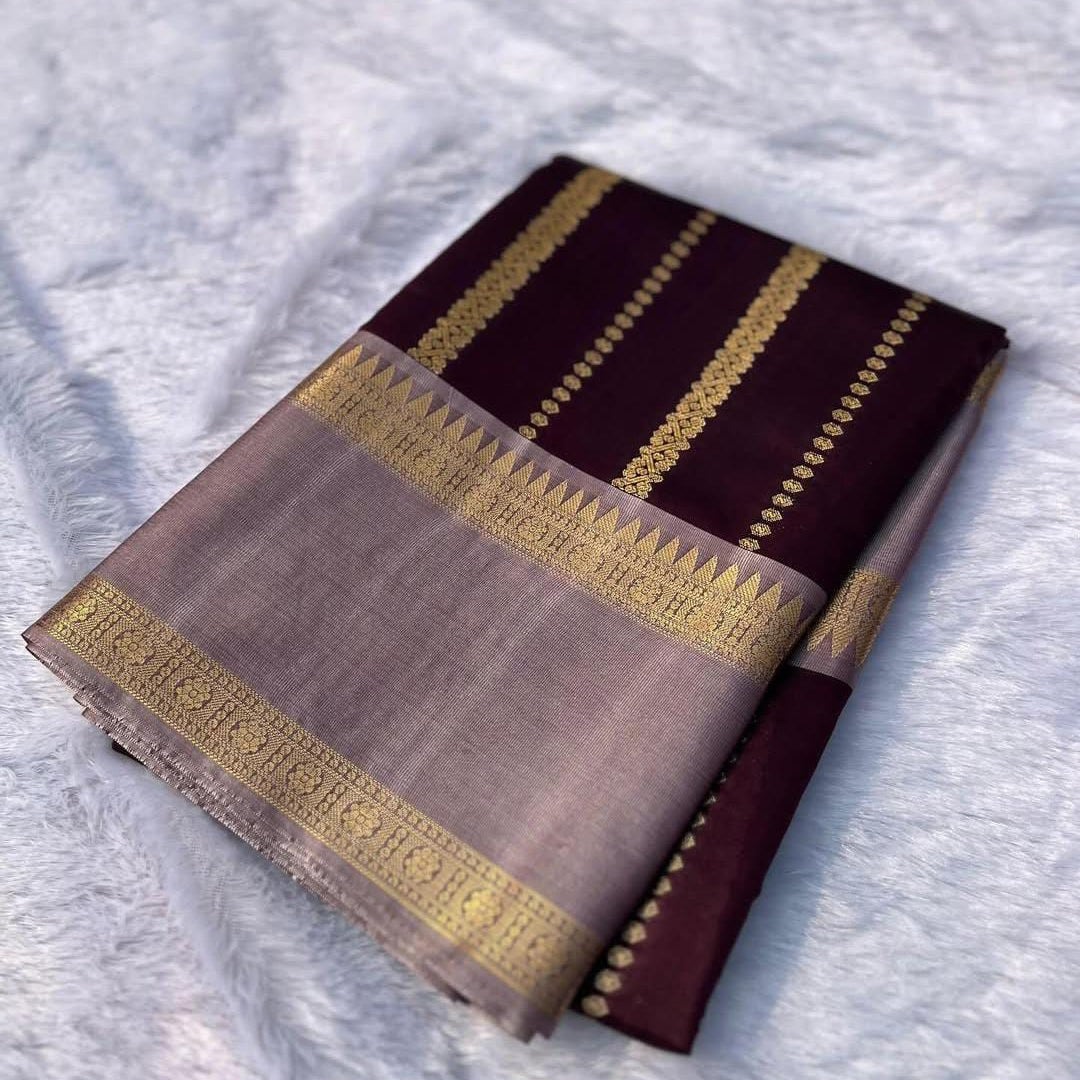 Wine Banarasi Kathan Soft Silk Saree - Alna Apparels