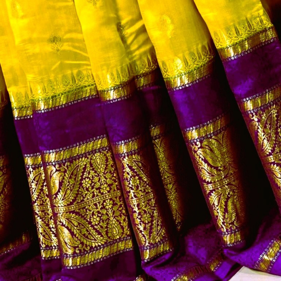 Yellow Banarasi Kathan Dupion Silk Saree - Alna Apparels