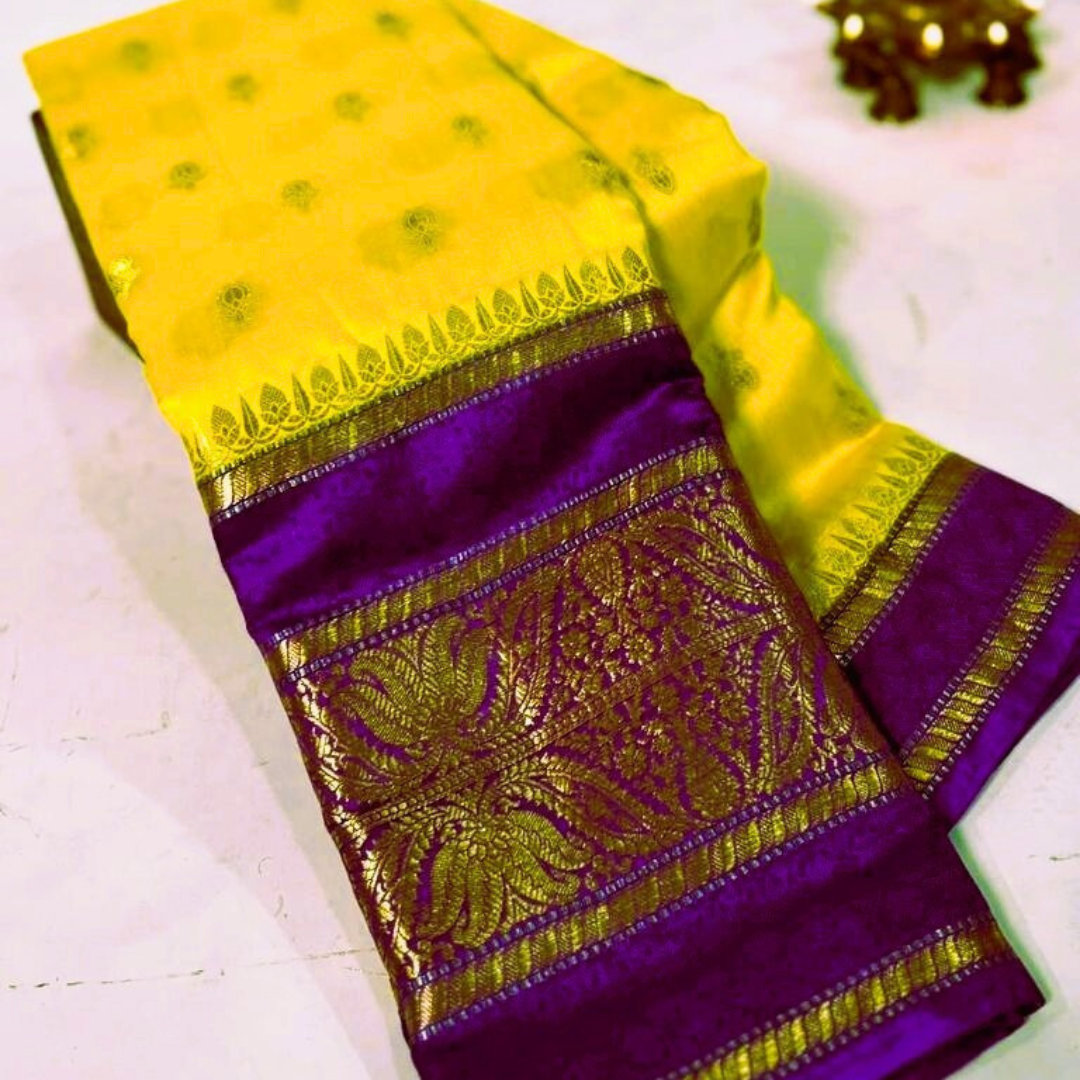 Yellow Banarasi Kathan Dupion Silk Saree - Alna Apparels