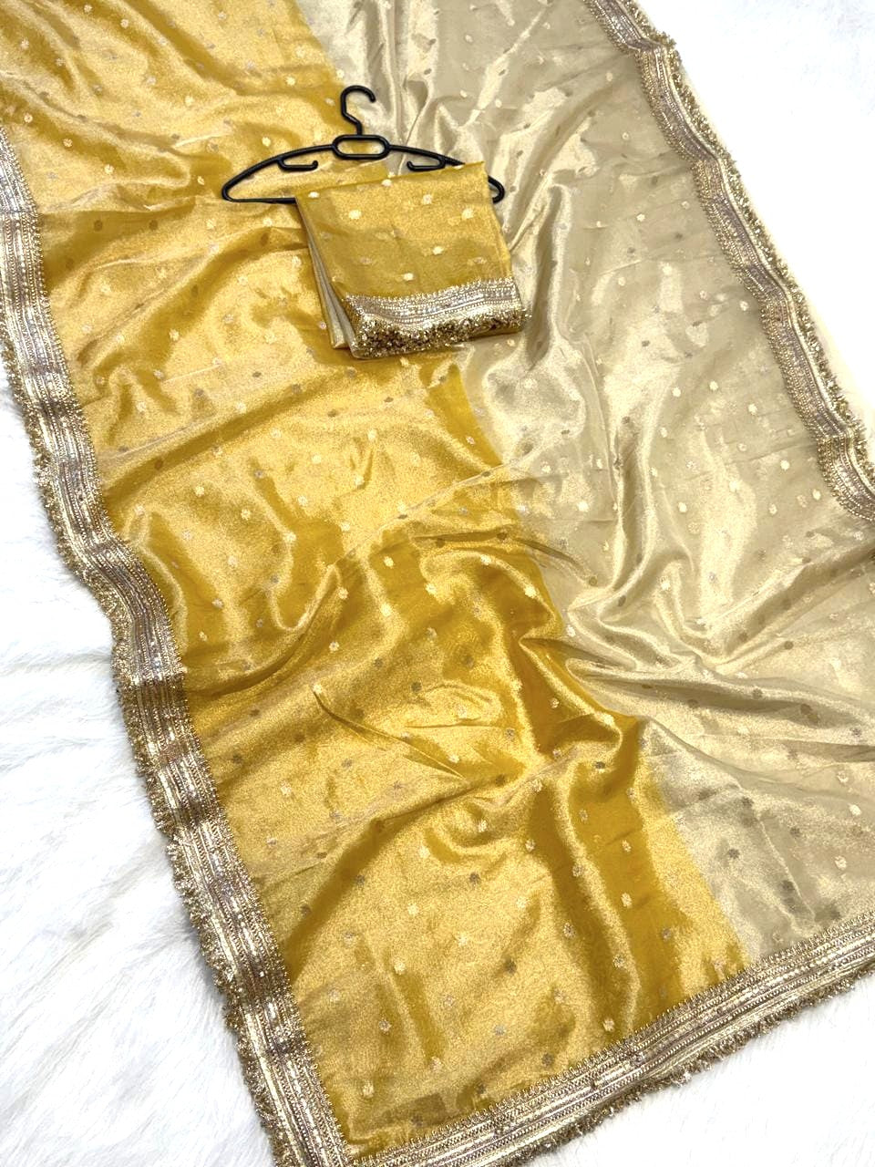 Yellow Banarasi Tissue Silk Saree with Lace Work Alna Apparels