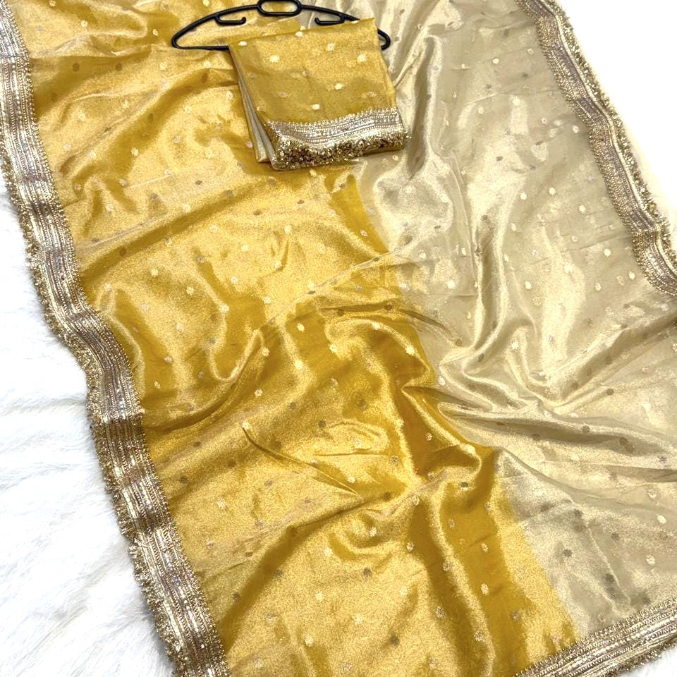 Yellow Banarasi Tissue Silk Saree with Lace Work Alna Apparels
