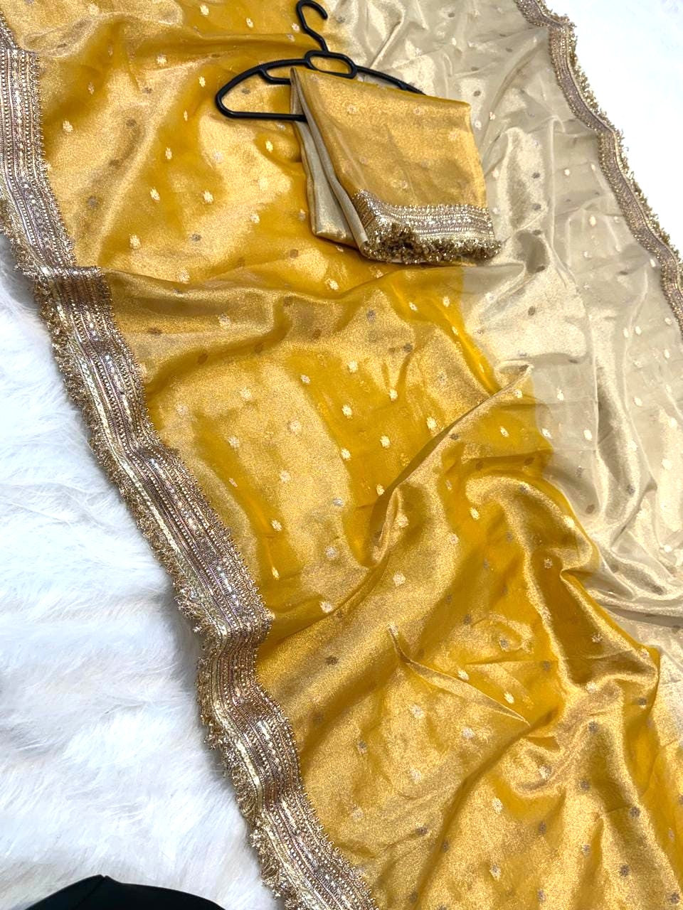 Yellow Banarasi Tissue Silk Saree with Lace Work Alna Apparels