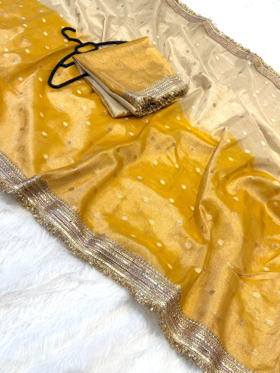 Yellow Banarasi Tissue Silk Saree with Lace Work Alna Apparels
