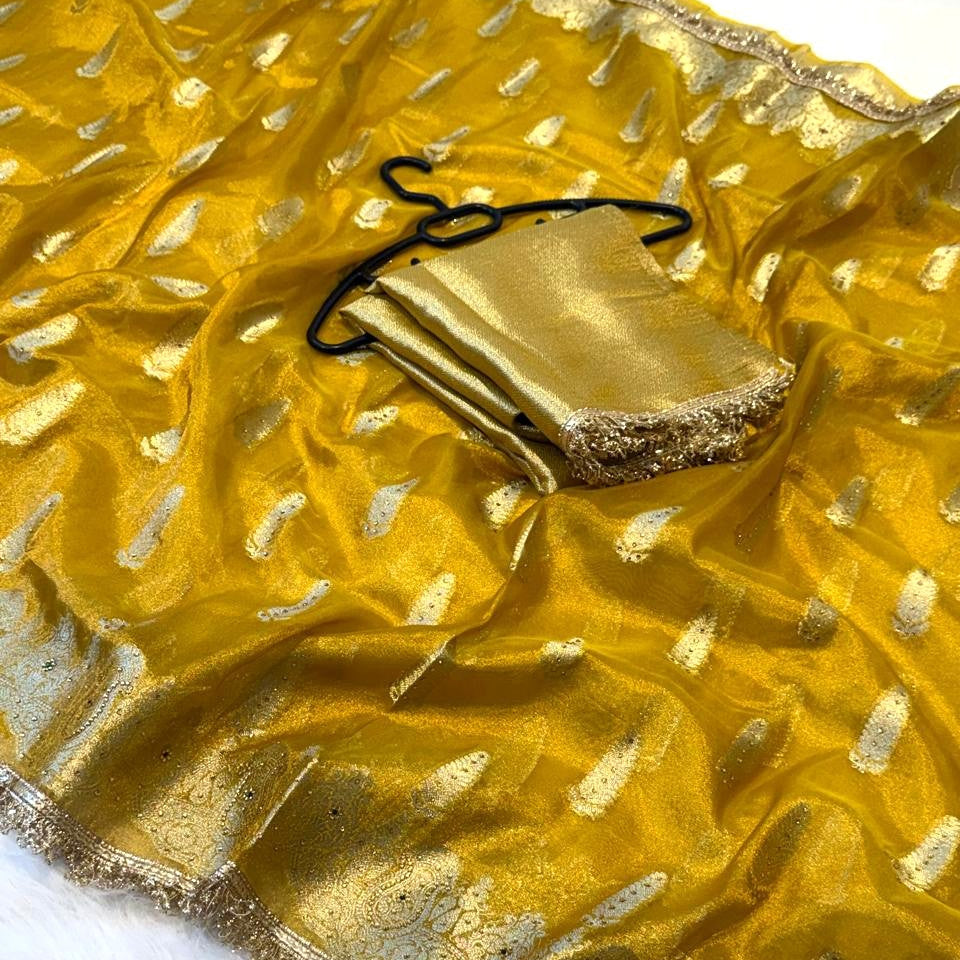 Yellow Banarasi Tissue Silk Saree Sparkling Stone Work with Lace Alna Apparels
