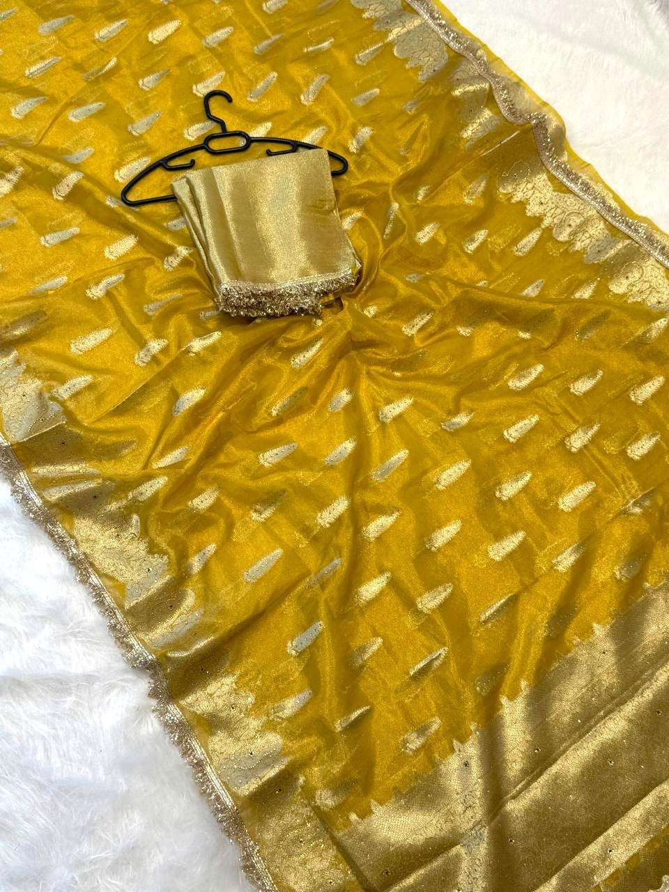 Yellow Banarasi Tissue Silk Saree Sparkling Stone Work with Lace Alna Apparels