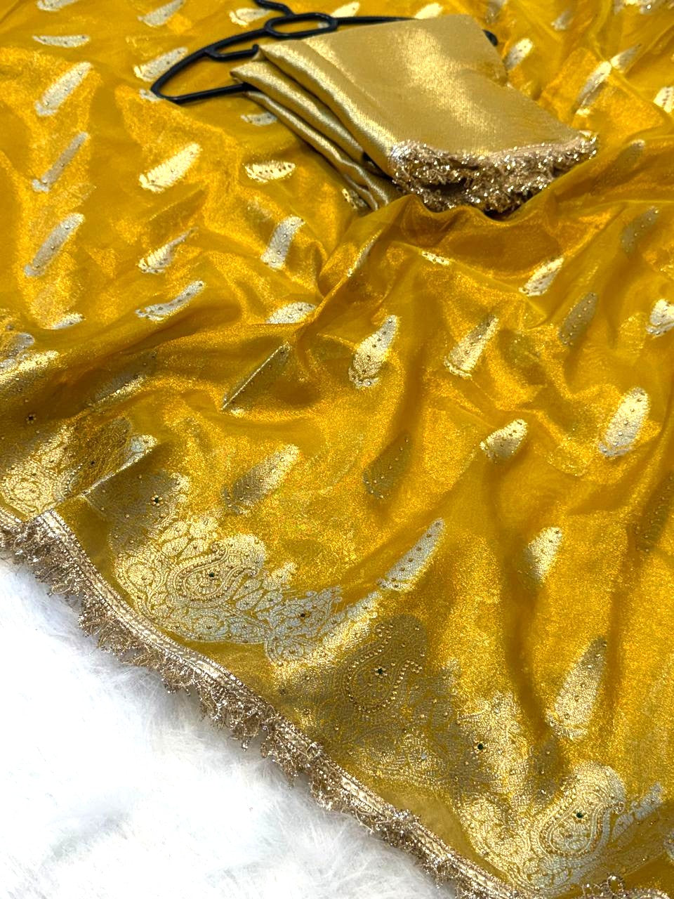 Yellow Banarasi Tissue Silk Saree Sparkling Stone Work with Lace Alna Apparels