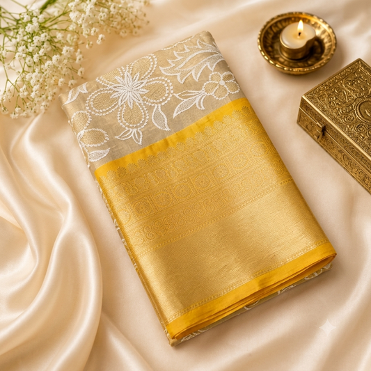 Yellow Banarasi Semi Silk Saree With Beautiful Embroidery Work Alna Apparels