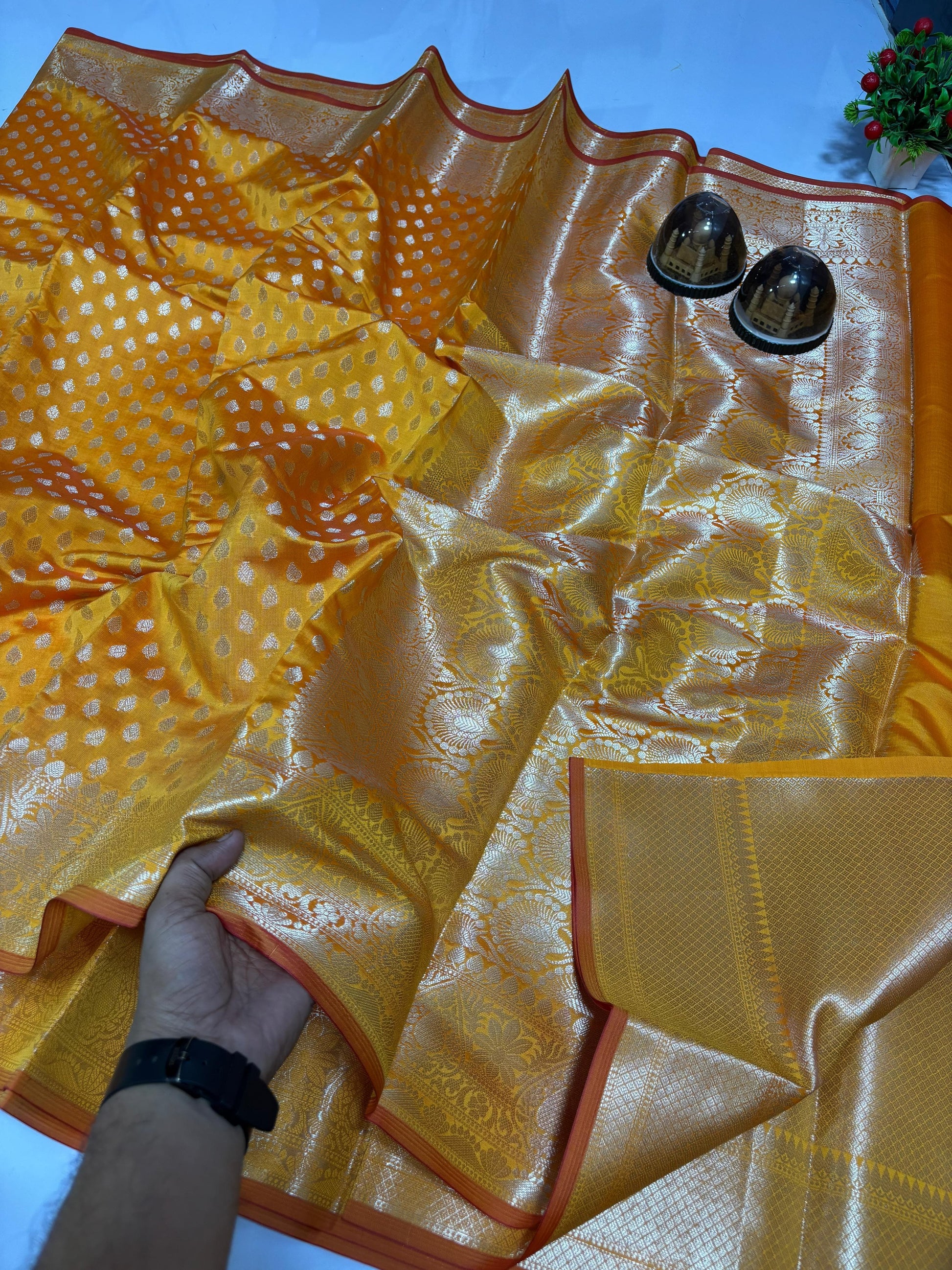 Yellow Banarasi Kathan Silk Saree - Alna Apparels