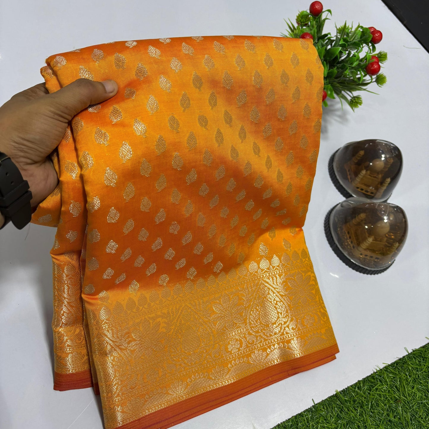 Yellow Banarasi Kathan Silk Saree - Alna Apparels