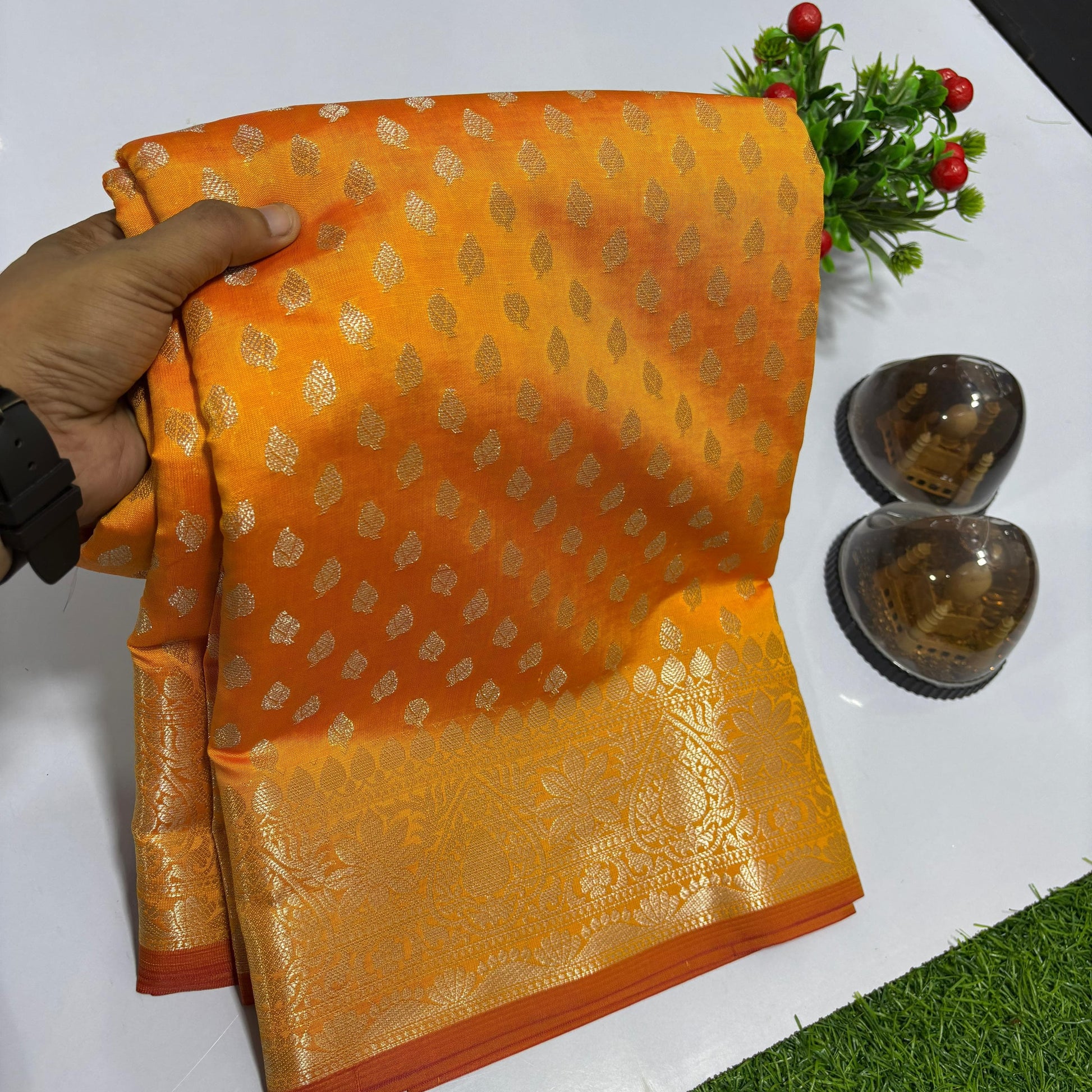 Yellow Banarasi Kathan Silk Saree - Alna Apparels