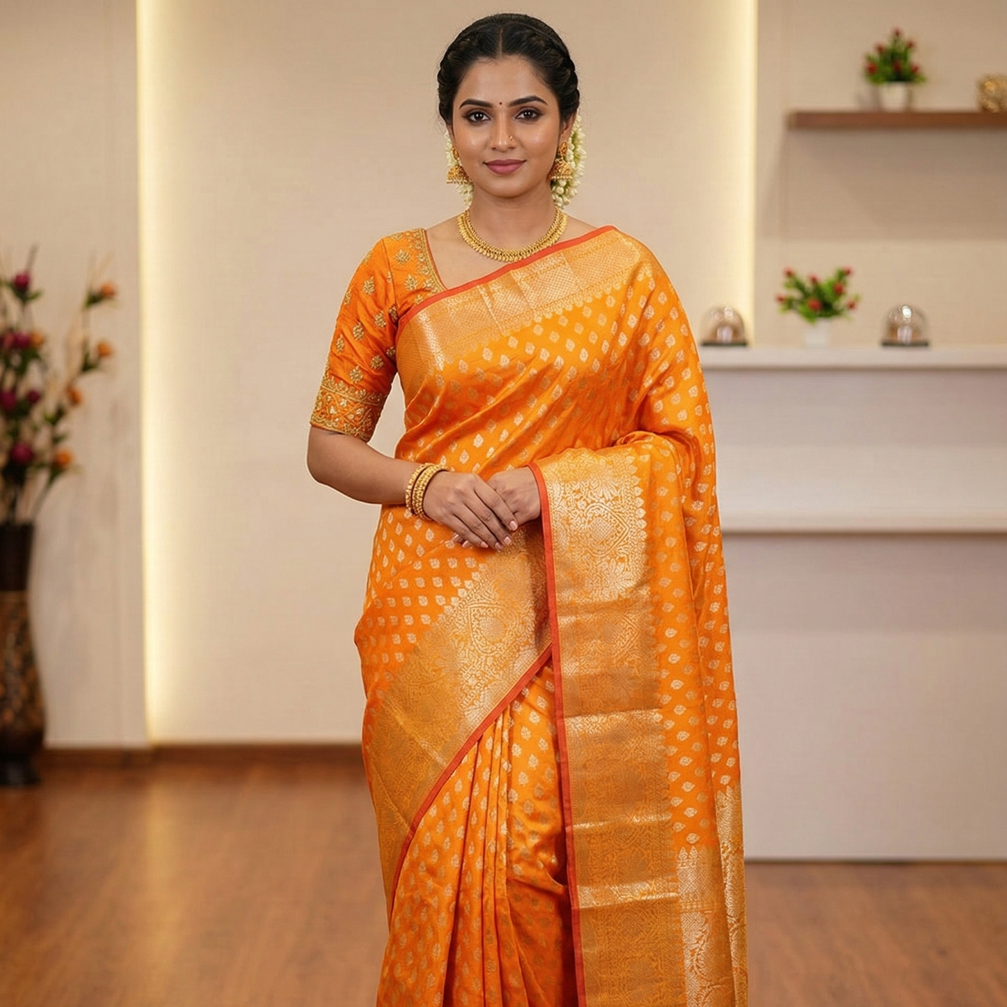 Yellow Banarasi Kathan Silk Saree Alna Apparels