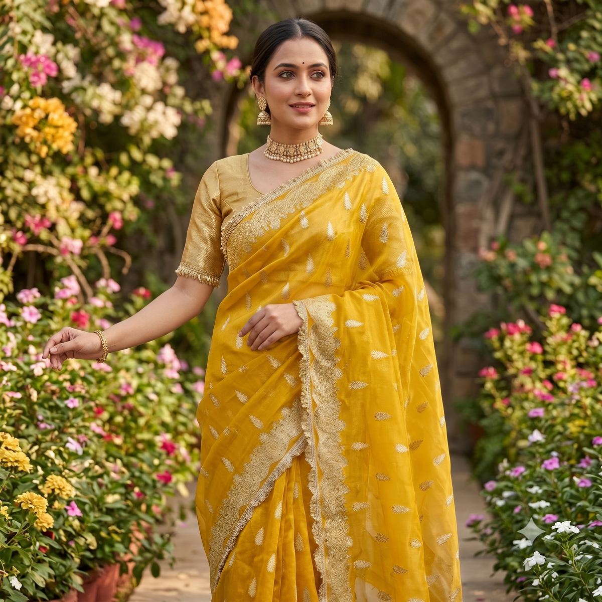 Yellow Banarasi Tissue Silk Saree Sparkling Stone Work with Lace Alna Apparels