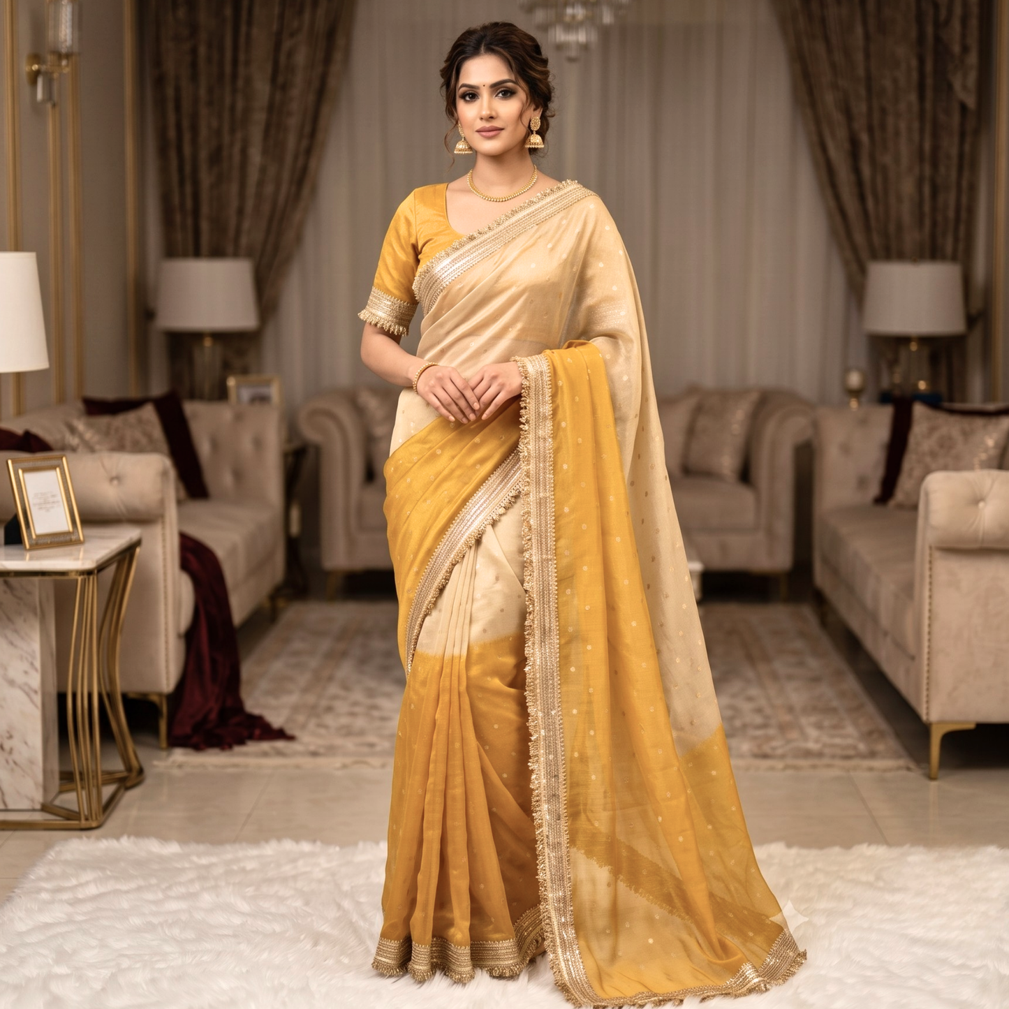 Yellow Banarasi Tissue Silk Saree with Lace Work Alna Apparels