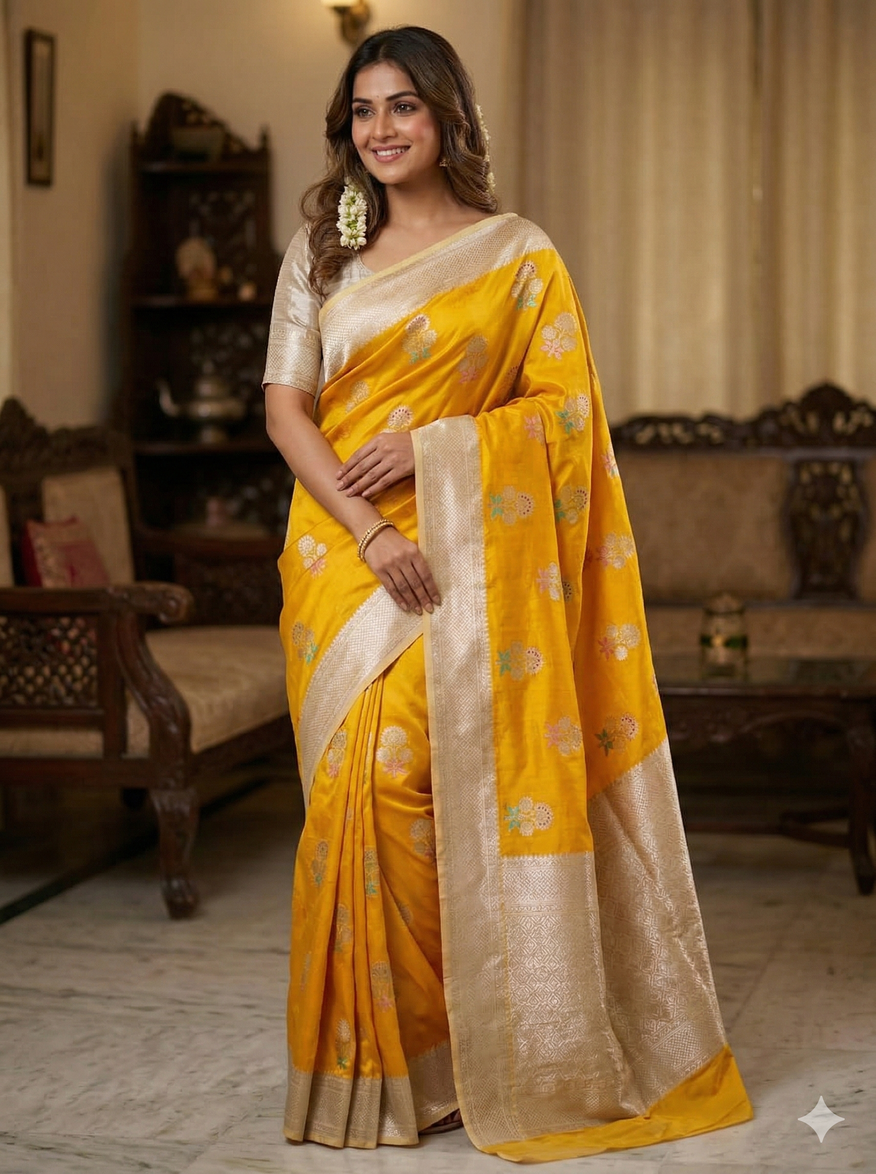 Yellow Color Banarasi Kathan Soft Silk Saree Alna Apparels