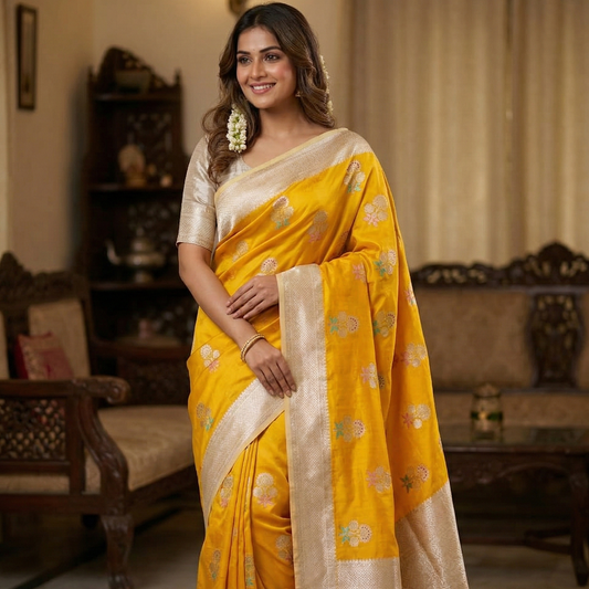 Yellow Color Banarasi Kathan Soft Silk Saree Alna Apparels