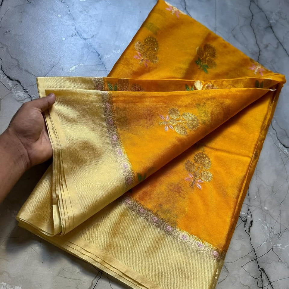 Yellow Color Banarasi Kathan Soft Silk Saree Alna Apparels