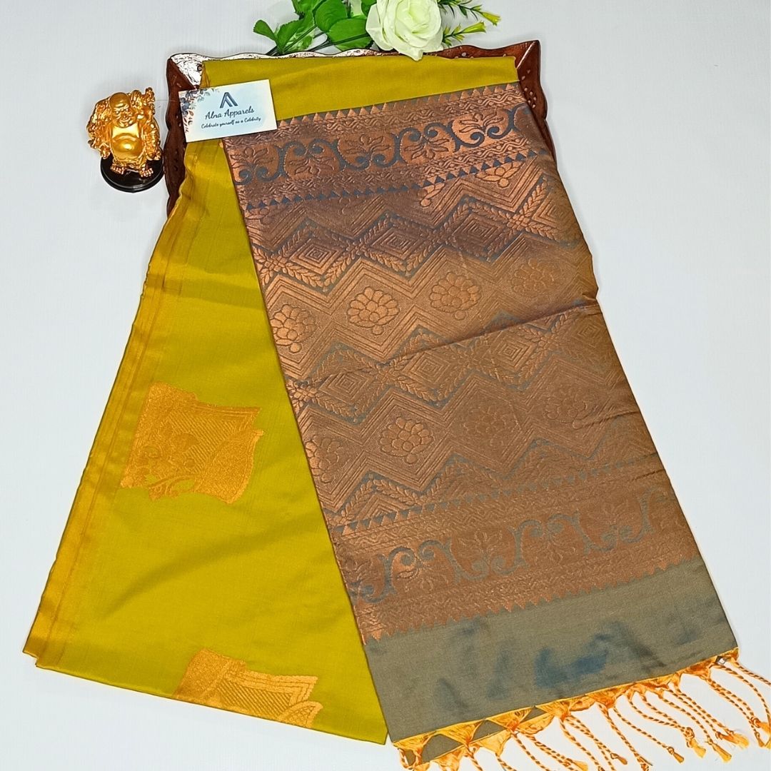 Yellowish Green Color Kanchivaram Semi Soft Silk Saree - Alna Apparels