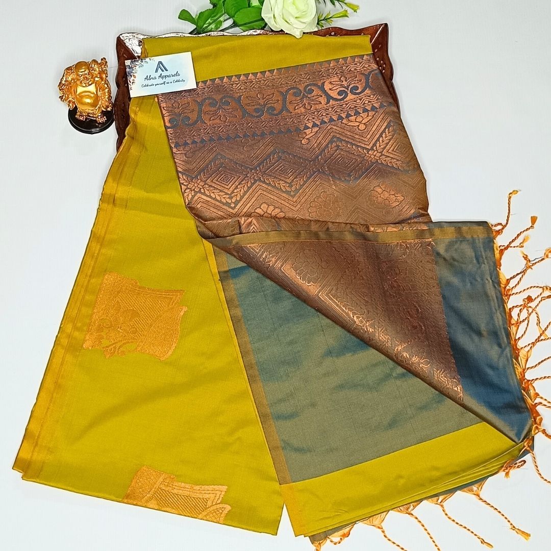 Yellowish Green Color Kanchivaram Semi Soft Silk Saree - Alna Apparels