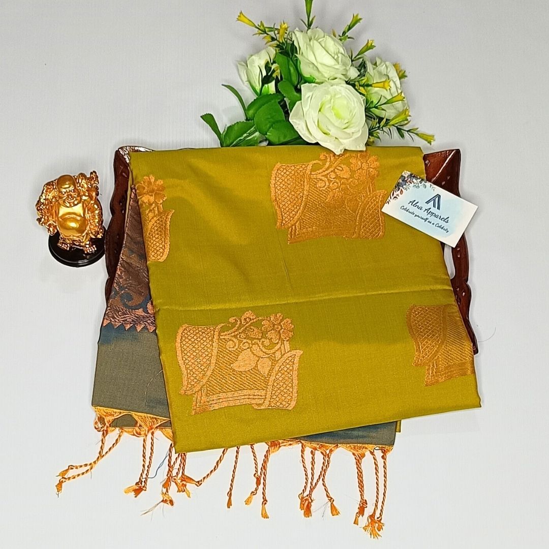 Yellowish Green Color Kanchivaram Semi Soft Silk Saree - Alna Apparels
