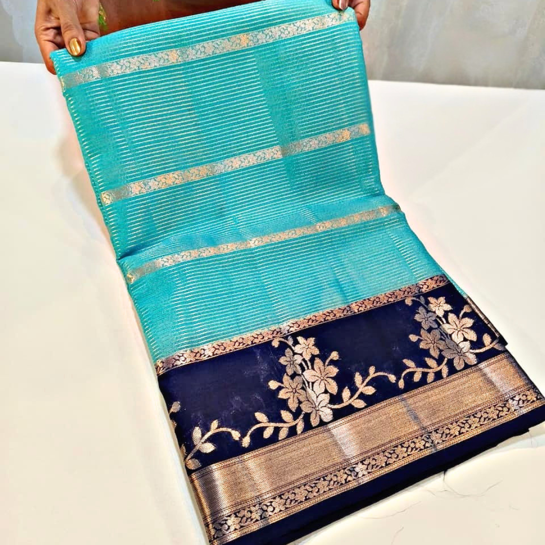 Light Blue Color Banarasi Kathan Silk Saree Alna Apparels