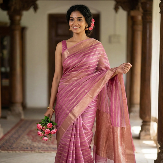 Pink Banarasi Organza Silk Saree Alna Apparels